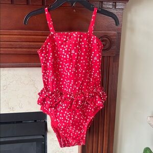 Brand New Old Navy One Piece Swimsuit Red w/ Silver Metallic Stars Ruffles 5T